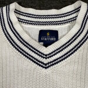 Stafford Mens V Neck Sweater White Navy Stripe‎ Classic Fit Knit M